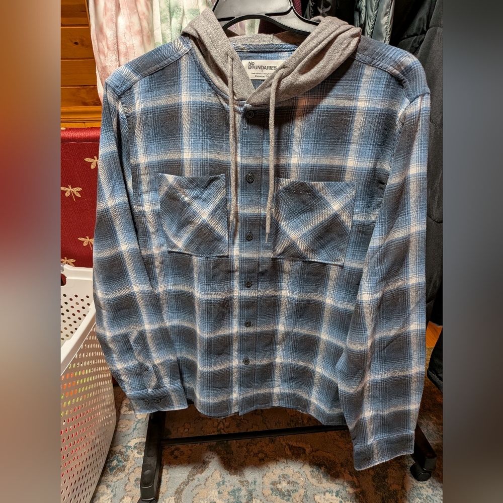 No Boundaries Gray and Blue Checkered Men's Buttonup Flannel Hoodie